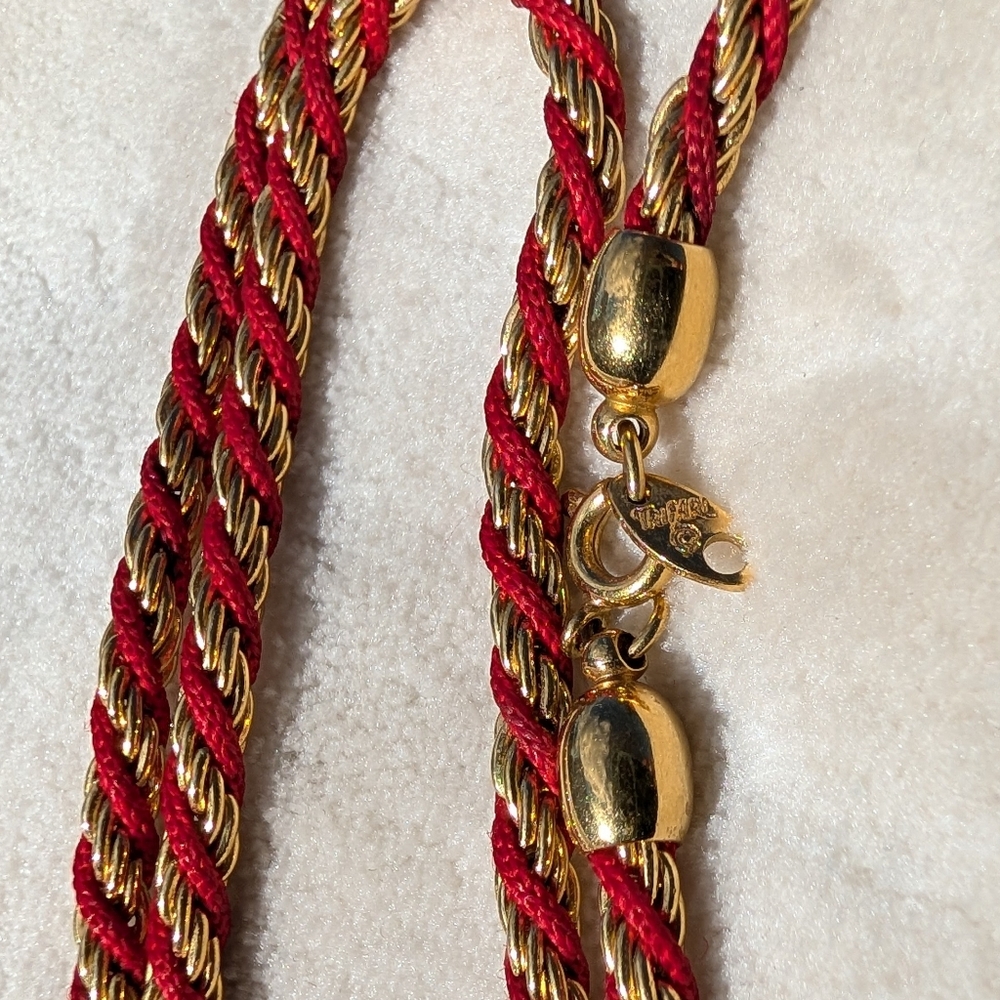 Trifari Red and Gold Rope Twisted Necklace Vintage Statement Logo